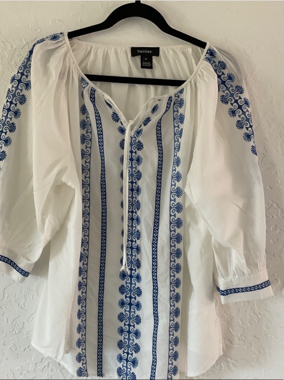 Karen Kane White Peasant Blouse with Blue Embroidery